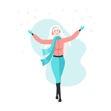Winter time. Happy people walking and performing outdoor activities. People having fun and winter activities. Winter mood flat concept. Vector illustration.