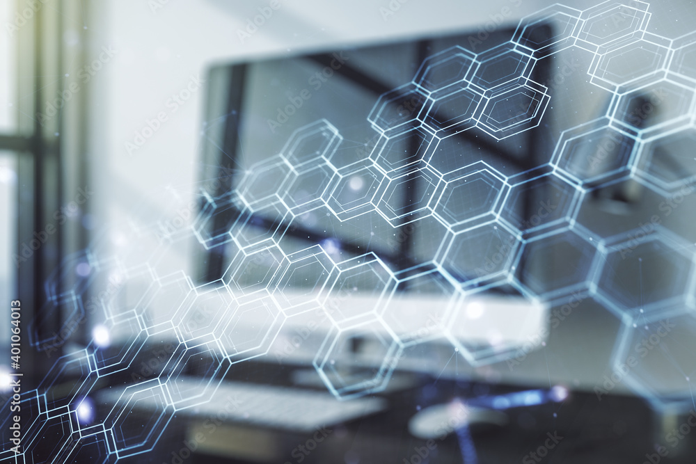 Poster Creative concept of wireless technology with hexagon hologram on modern laptop background. Big data and database concept. Multiexposure