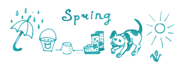 Set of Spring elements. Hand drawn illustration isolated on white background. Pen markers. Monochrome. High quality illustration.