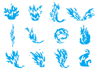 Water splash. Blue water waves set, wavy liquid symbols of nature in motion. Isolated design elements
