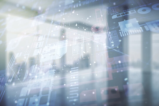 Multi exposure of abstract creative coding sketch on empty corporate office background, artificial intelligence and neural networks concept
