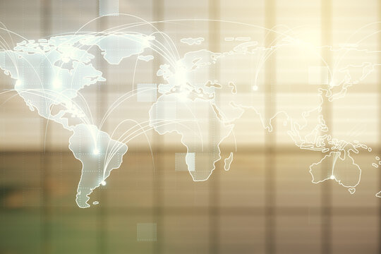 Abstract graphic digital world map hologram with connections on modern interior background, globalization concept. Multiexposure