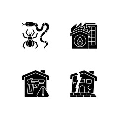 Home hazards prevention black glyph icons set on white space. Dangerous animals. Home fire. Weapons storage. Dilapidated house. Exotic pets. Silhouette symbols. Vector isolated illustration