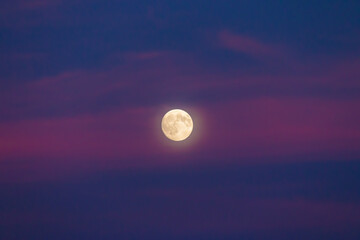 Yellow full moon with glow in the sky with purple clouds