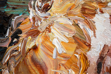 Embossed pasty oil paints and reliefs. Primary colors: ocher, white, brown, yellow.  Abstract art.