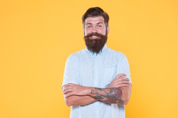 charismatic guy looking happy. male barber fashion. hair and beard care. bearded cook in white...