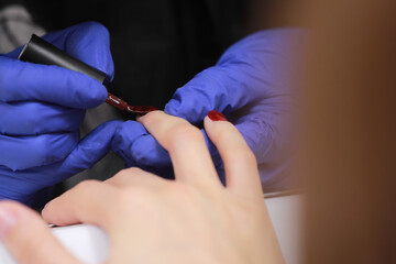 Master in protective gloves during a manicure at beauty salon. Master manicurist varnishes the marsala gel on the nails of a female client. The concept of beauty and health.