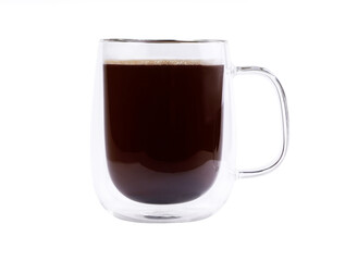 A glass cup of coffee isolated on a white background. A mug of black coffee isolated