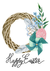 Waterco;or hand drawn easter decoration  with easter eggs, wood house, green branch, spring flowers, wreath. can be used as print, postcard, invitation, greeting card, packaging design, textile.