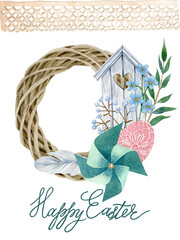 Waterco;or hand drawn easter decoration  with easter eggs, wood house, green branch, spring flowers, wreath. can be used as print, postcard, invitation, greeting card, packaging design, textile.