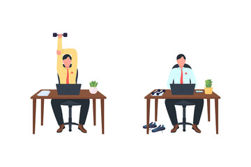 Male employee working out at workplace flat color vector faceless character set