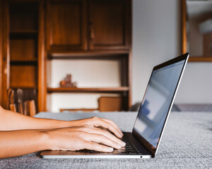 Side view and close up of woman's hands typing on laptop keyboard. Smart working