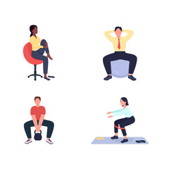 Working out female and male employees flat color vector faceless character set