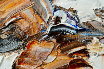 Macro. Abstract art. Expressive embossed pasty oil paints and reliefs. Colors: white,.beige, brown, orange, yellow, blue.