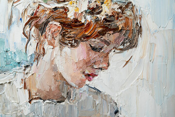 Beautiful pensive young girl with flower in her hair. Created in expressive manner and light colors, palette knife technique of oil painting and brush. - obrazy, fototapety, plakaty