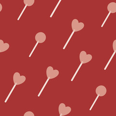 Hand drawn heart lollipop seamless vector pattern. Vintage candy pattern for Valentine’s Day and romantic holidays. Love and romance symbol. Poster, print, card, fabric