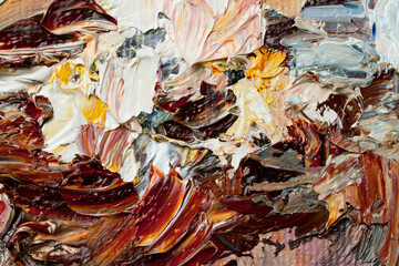 Macro. Abstract art. Expressive embossed pasty oil paints and reliefs. Colors: white,.beige, brown, orange, yellow.