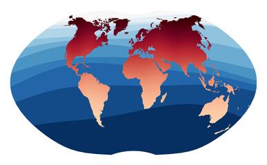 World Map Vector. Ginzburg IV projection. World in red orange gradient on deep blue ocean waves. Elegant vector illustration.