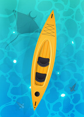 Yellow kayak with paddles. View from above. Turquoise surface of water in the ocean with fishes. Background for a summer poster, foyer or postcard. Vector.