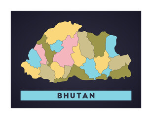 Bhutan map. Country poster with regions. Shape of Bhutan with country name. Captivating vector illustration.