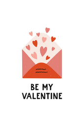 Be my Valentine hand drawn vector card in flat vintage style. Poster for Valentine’s Day, romantic holidays, women’s day and wedding design. Love and romance symbols