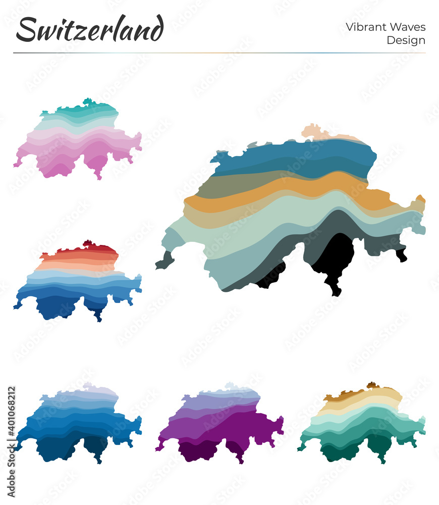 Poster set of vector maps of switzerland. vibrant waves design. bright map of country in geometric smooth c