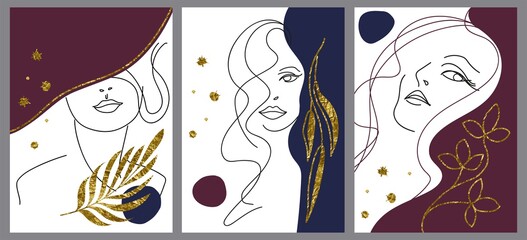 A set of creative hand painted one line abstract female portraits complemented by golden floral elements. Minimalist vector people icon. For postcard, poster, brochure, cover design, web, social media