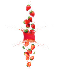 Whole and sliced fresh strawberries are falling down through splashes of juice