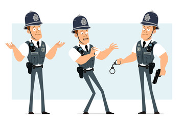 Cartoon flat funny strong policeman character in bulletproof vest with radio set. Boy scared, holding pistol and handcuffs. Ready for animation. Isolated on blue background. Vector set.