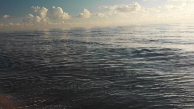 Pov view flying forward near water surface until deep sea with calm satin water surface