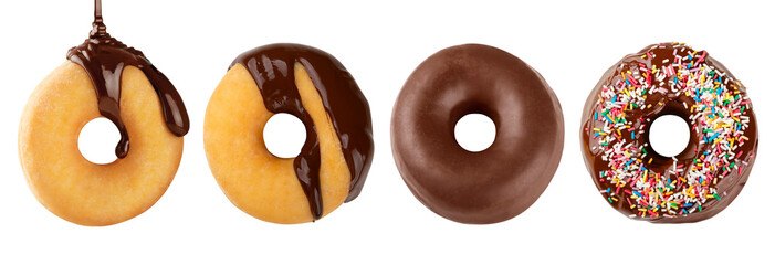 Process in which a group of delicious doughnuts are being decorated with melted chocolate coating and colored sprinkles isolated on a white background in a panoramic composition