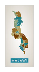 Malawi map. Country poster with regions. Old grunge texture. Shape of Malawi with country name. Astonishing vector illustration.