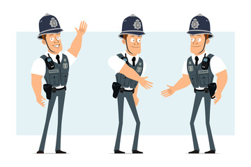 Cartoon flat funny strong policeman character in bulletproof vest with radio set. Boy shaking hands and showing welcome gesture. Ready for animation. Isolated on blue background. Vector set.