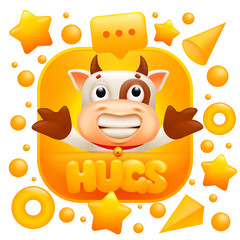 Hugs web sticker. Cow emoji character in 3d cartoon style. Social media icon