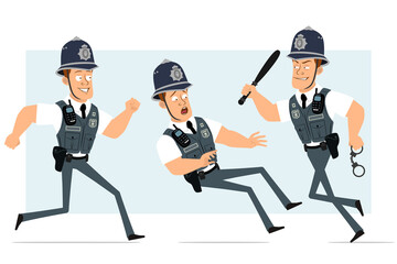 Cartoon flat funny strong policeman character in bulletproof vest with radio set. Boy running with handcuffs and police baton. Ready for animation. Isolated on blue background. Vector set.