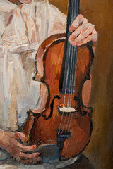 Violin in the hands of a little girl. Palette knife oil painting technique and brush.