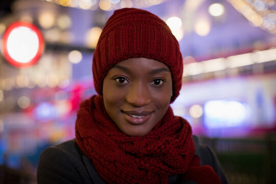 Portrait Confident Young Woman In Red Knit Hat And Scarf