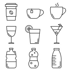 Drinks, Glasses and Cups. Set of Flat Icons. Black Stroke on White Background in Outline Design. Set for Cafe or Restaurant Menu. Vector EPS10