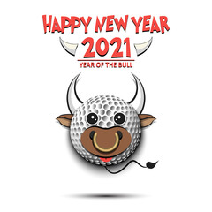 Happy New year. 2021 year of the bull. Cute muzzle bull in the form of a golf ball. Golf ball made in the form of a cow. Greeting card design template with for 2021 new year. Vector illustration