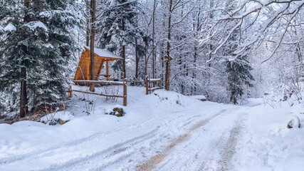 Winter landscape - view of the gazebo near the snowy road in the winter mountain forest