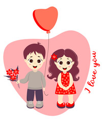 Couple - a boy with a bouquet of flowers and a balloon and a cute Pretty girl against a background of heart. Text - I love you. Photography, image for Valentine, for design, postcards and print