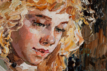 Portrait of young beautiful blond-haired girl with green eyes on a dark background. Oil painting on canvas..