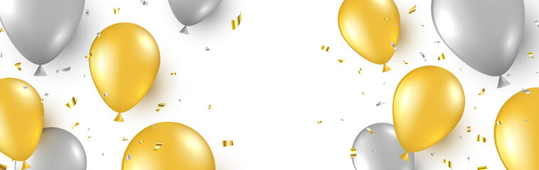 Celebration background with gold and silver balloons and flying confetti. Happy birthday banner. Anniversary party decoration. Golden foil balloon. Grand opening border. Vector illustration