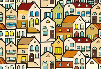 Fototapeta na wymiar Pattern cute houses in colored doodle style for poster, postcard or illustration