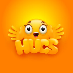 Hugs card. Yellow emoji character in cartoon 3d style.