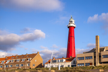 The Red Lighthouse of Scheveningen Promenade Beach The Hague Netherlands.