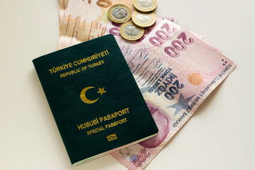 Turkish,green color officer passport and Turkish money  banknotes on the white background.Above view