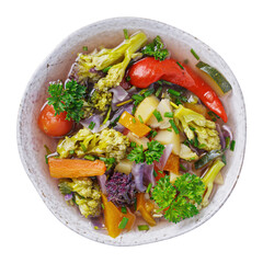 Stewed vegetables in plate top view, isolated on white