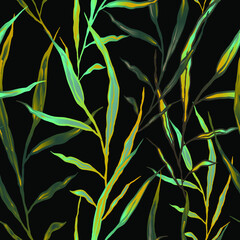Seamless patterns. Natural oblong yellow-green leaves and twigs on a black background. Illustration.