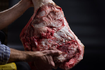 Pork thigh close-up. Butcher with part of pork.